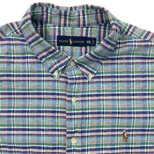 Polo Ralph Lauren Blue Green Plaid Button Long Sleeve 2XL Cotton Shirt Men's XXL